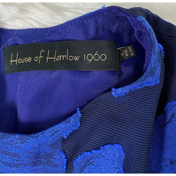 House of Harlow 1960 Mini Dress Size M Blue Floral Semi Sheer Sleeves Wedding - Picture 8 of 13